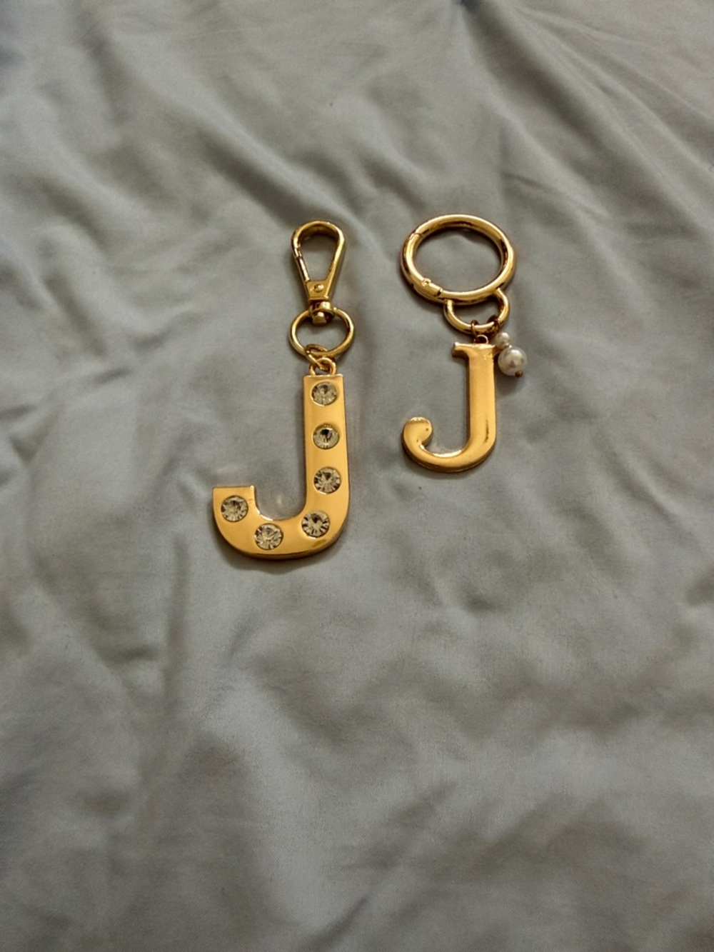 2 Gold 'J' Initial Keychain Pair with Crystal Accent
